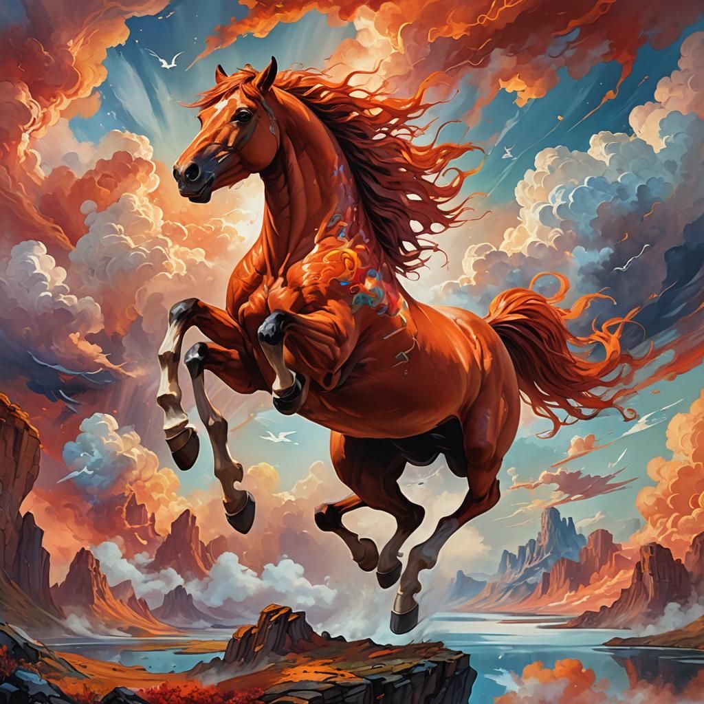 Flying Red Horse Soaring in Mystical Realm