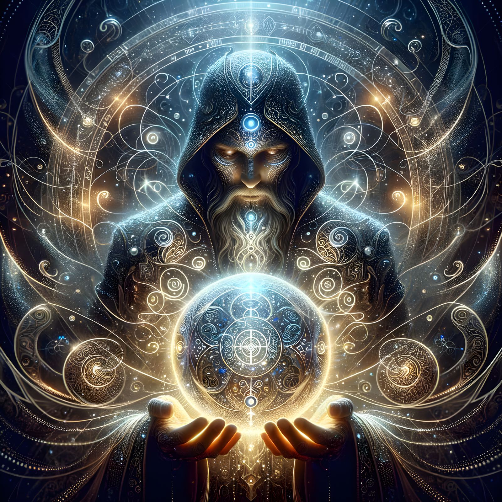 Mystical Sorcerer with Glowing Sphere in Digital Art
