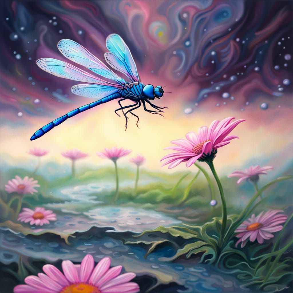 Pink and Blue Dragonfly in Flight, Acrylic Pour