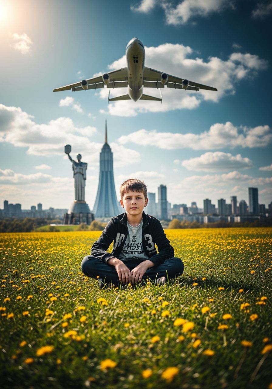 Boy in Meadow with Futuristic Kyiv and AN-225 Plane