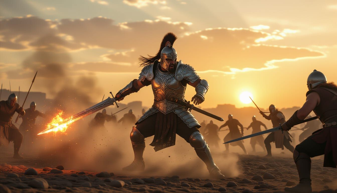 Warrior Charging into Fiery Battlefield in Photorealistic St...