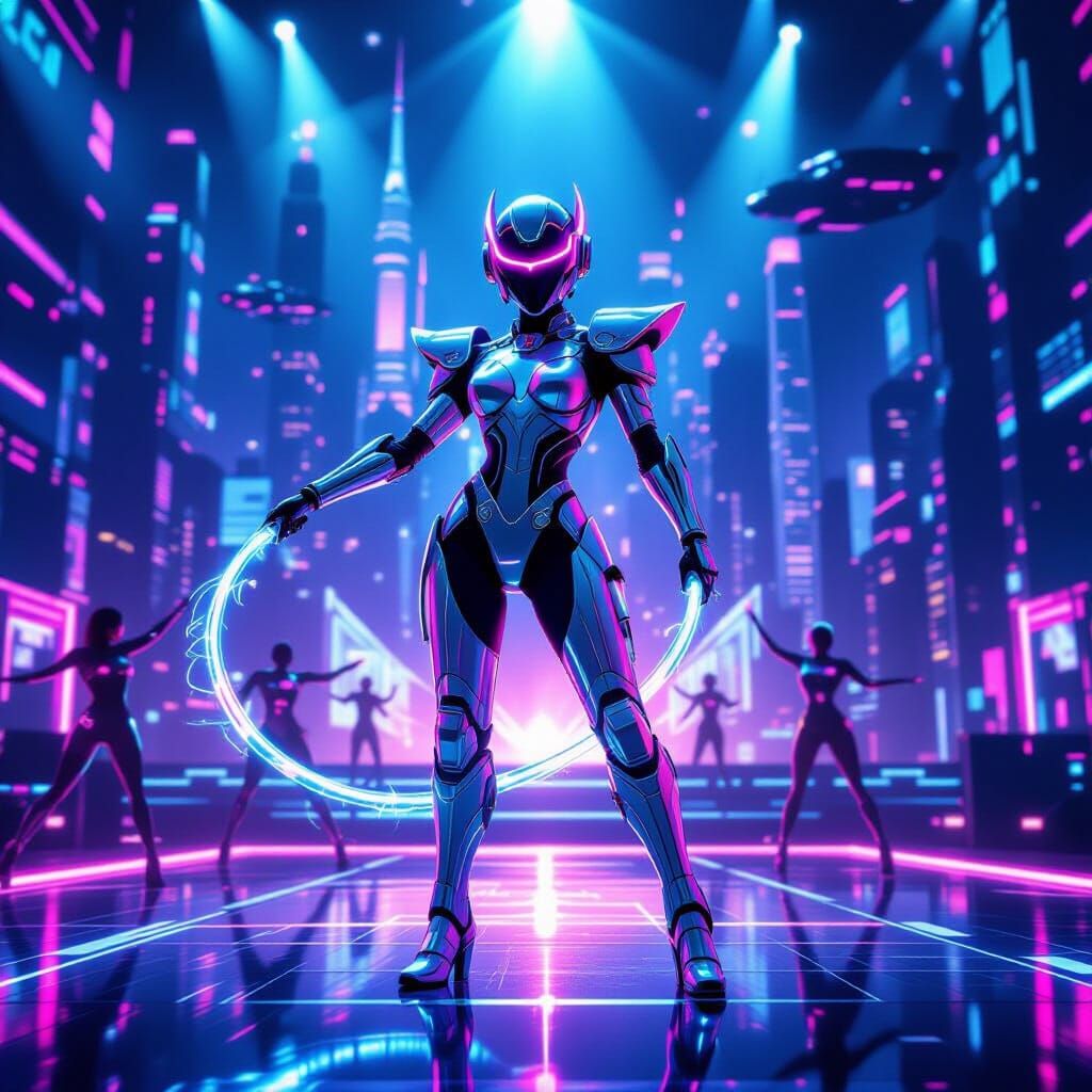 Futuristic Cyberpunk Showgirl Robot on Stage