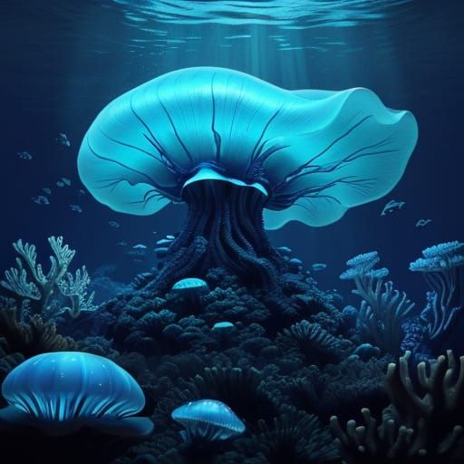 Blue Bioluminescent Jellyfish in Deep Water