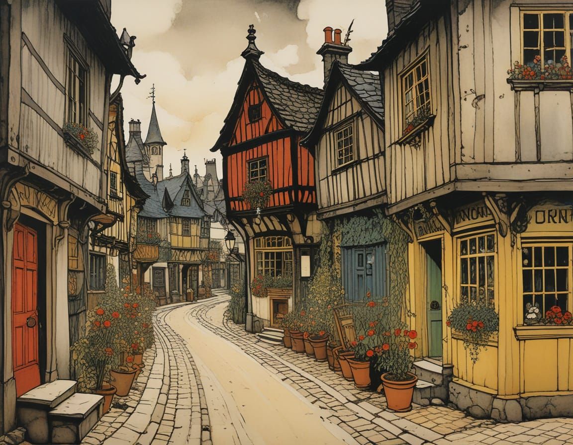 Charming Village Scene by Ludwig Bemelmans and Arthur Rackha...