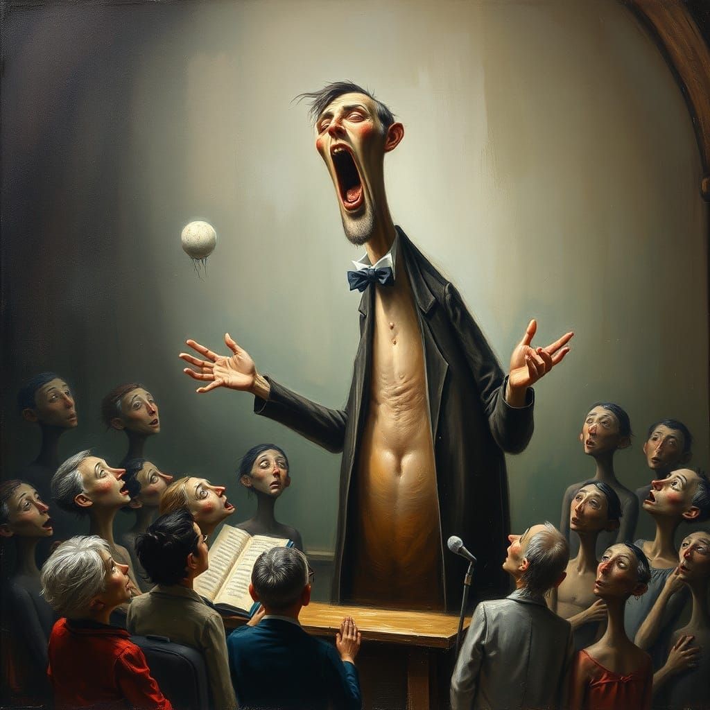Surreal Oil Painting of Colossal Tenor Singing to Dreamlike ...