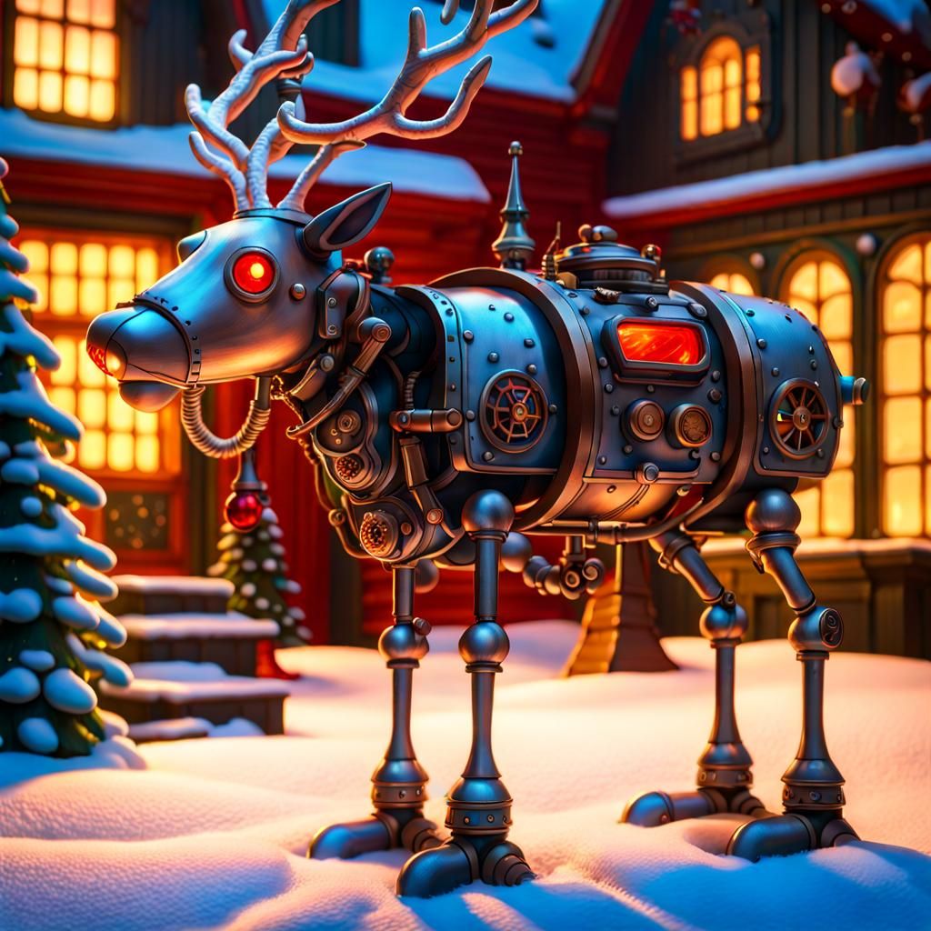 Steampunk Robot Reindeer in Snowy Scene