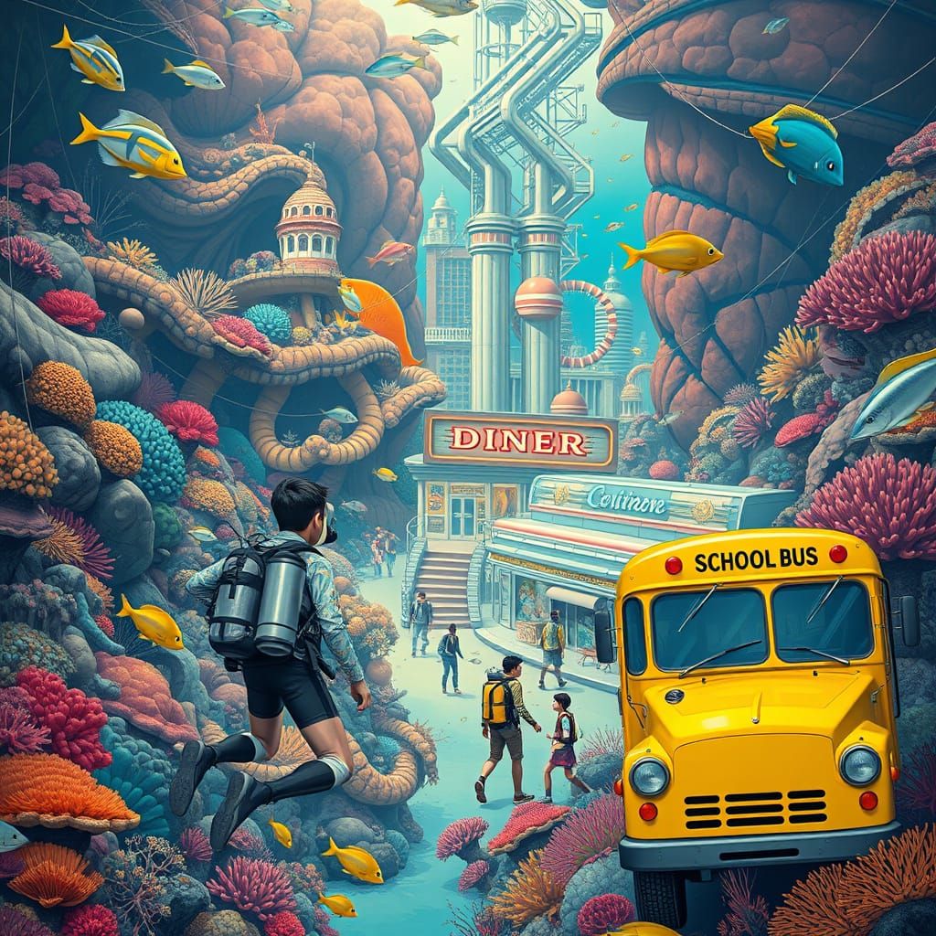 Underwater City with School Bus in Animated Style