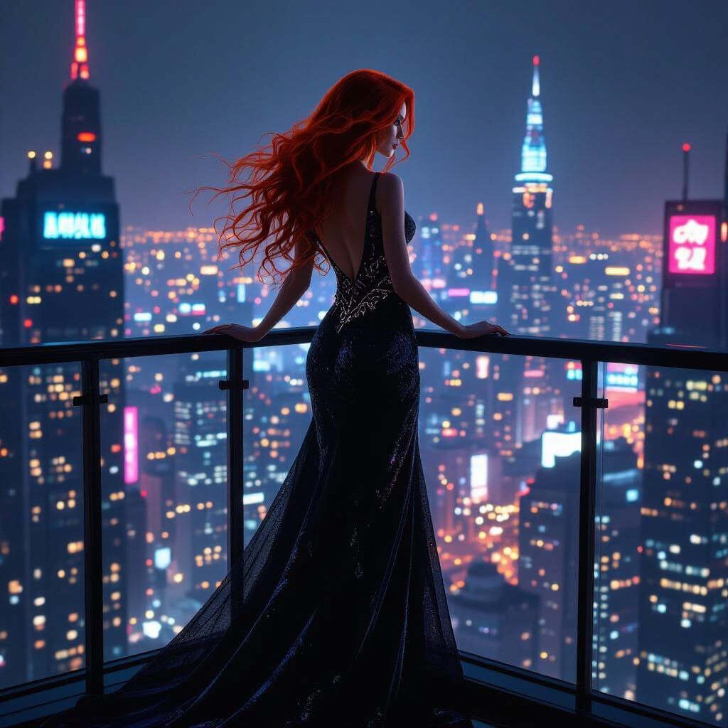 Cyberpunk Woman Overlooking Neon Cityscape