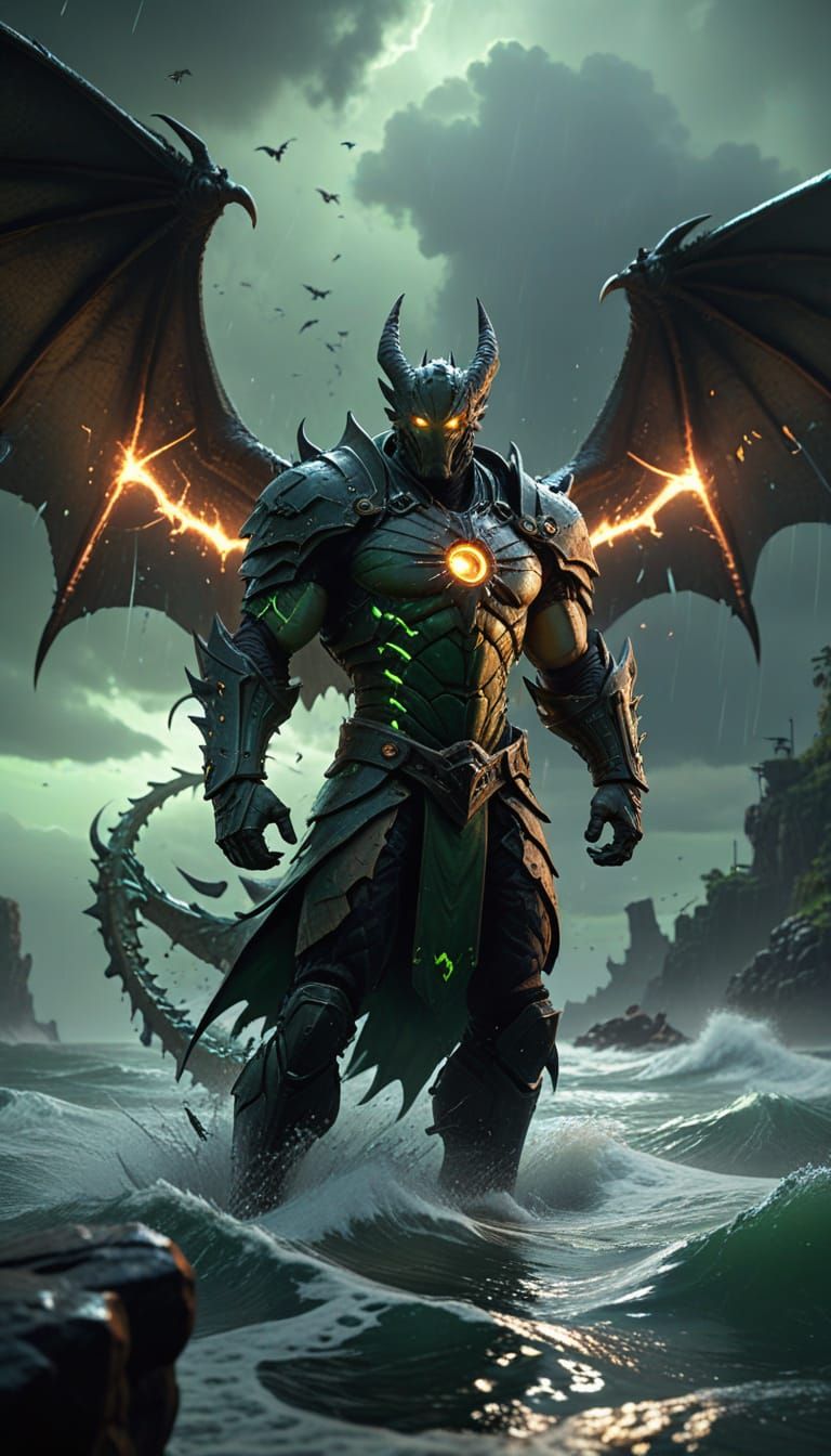 Ancient Winged Warrior Soars Above Wavy Sea with Bat-Dragon ...