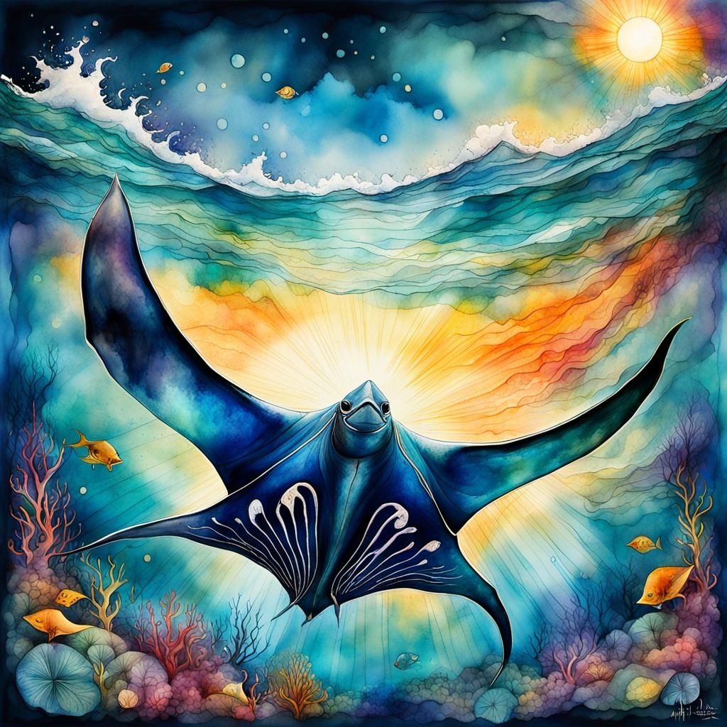Manta Ray in Sunlit Ocean: Watercolor and Ink