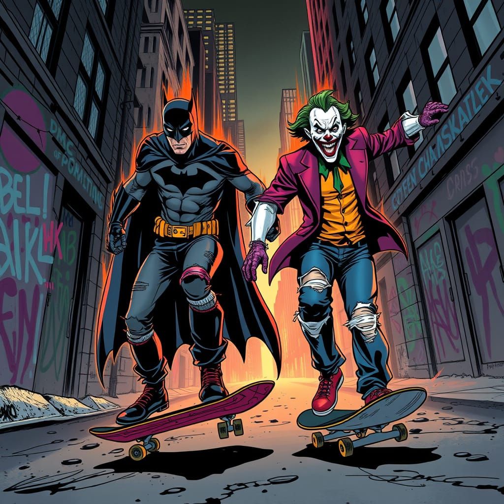 Batman and the Joker Skateboarding in Gotham City