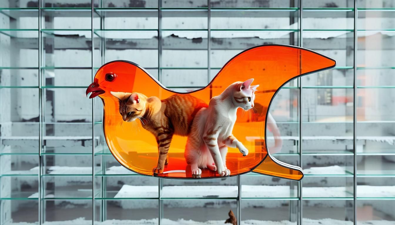 Cats Fight in Futuristic Glass Chicken Structure