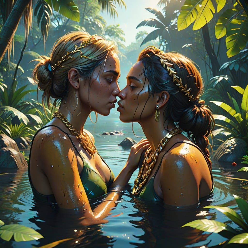 Romantic Hyperrealistic Water Scene in Tropical Jungle