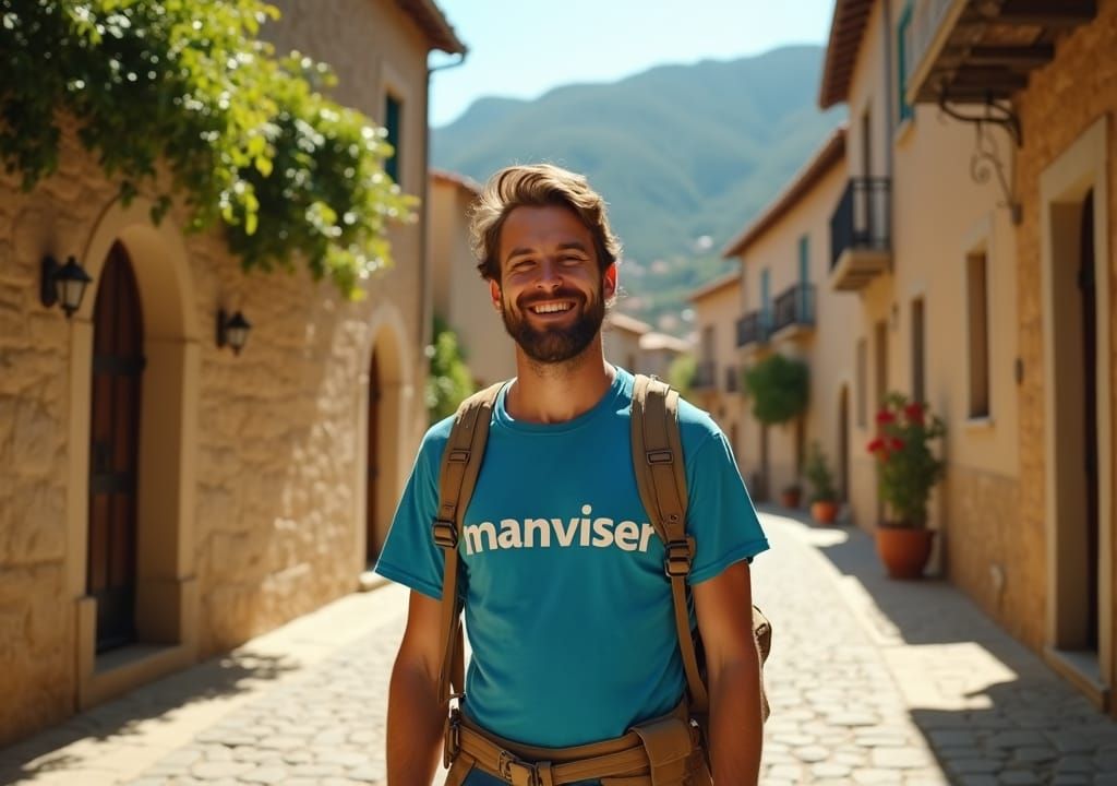 Joyful Wanderer in Spanish Village, Cinematic Style