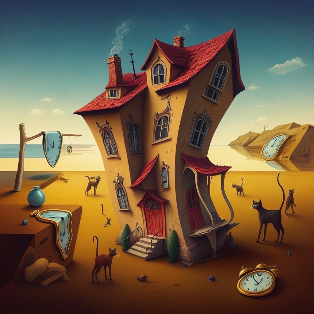 Surreal Crooked House with Cats in Dali Style