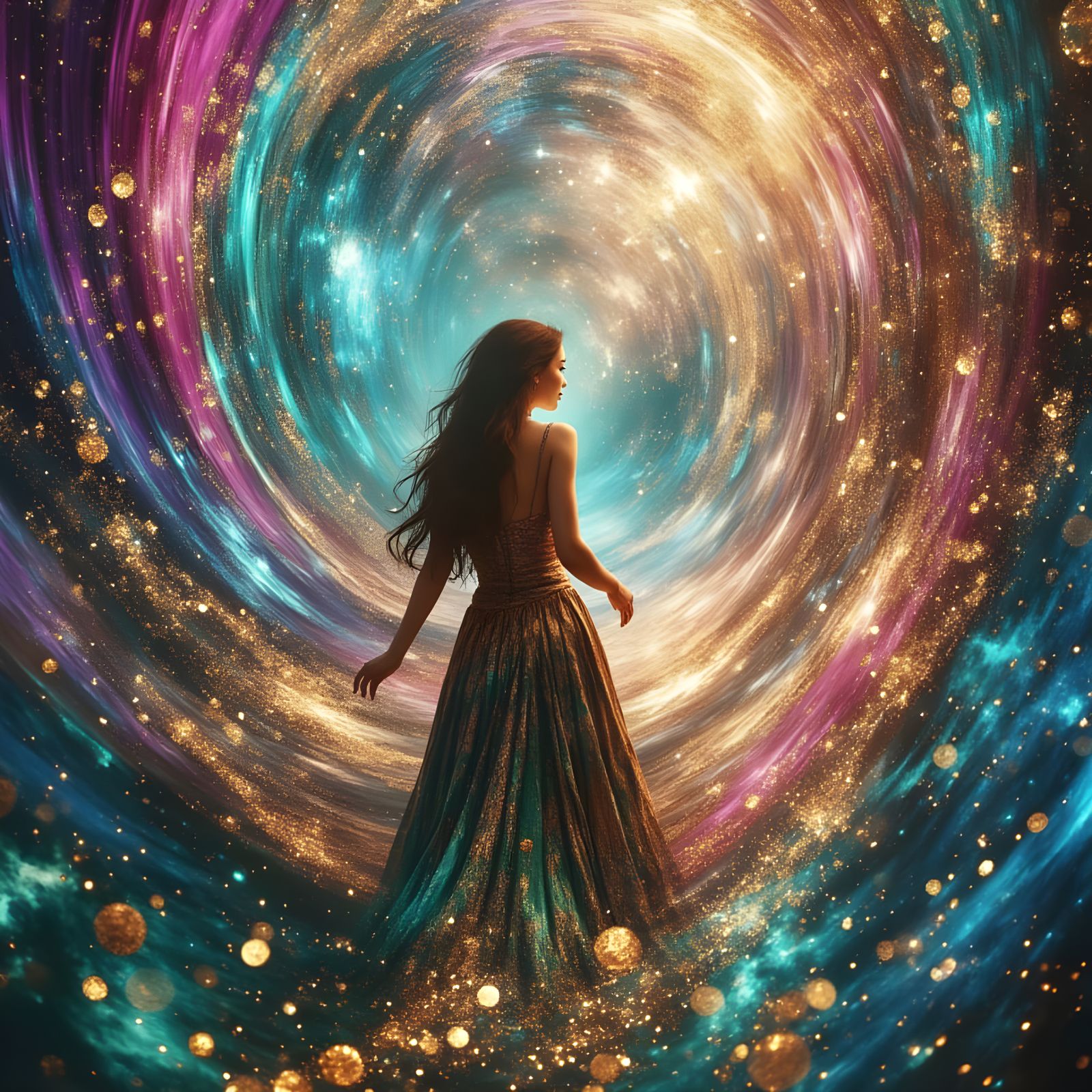 Steampunk Woman Enters Infinity in Ornate Gown