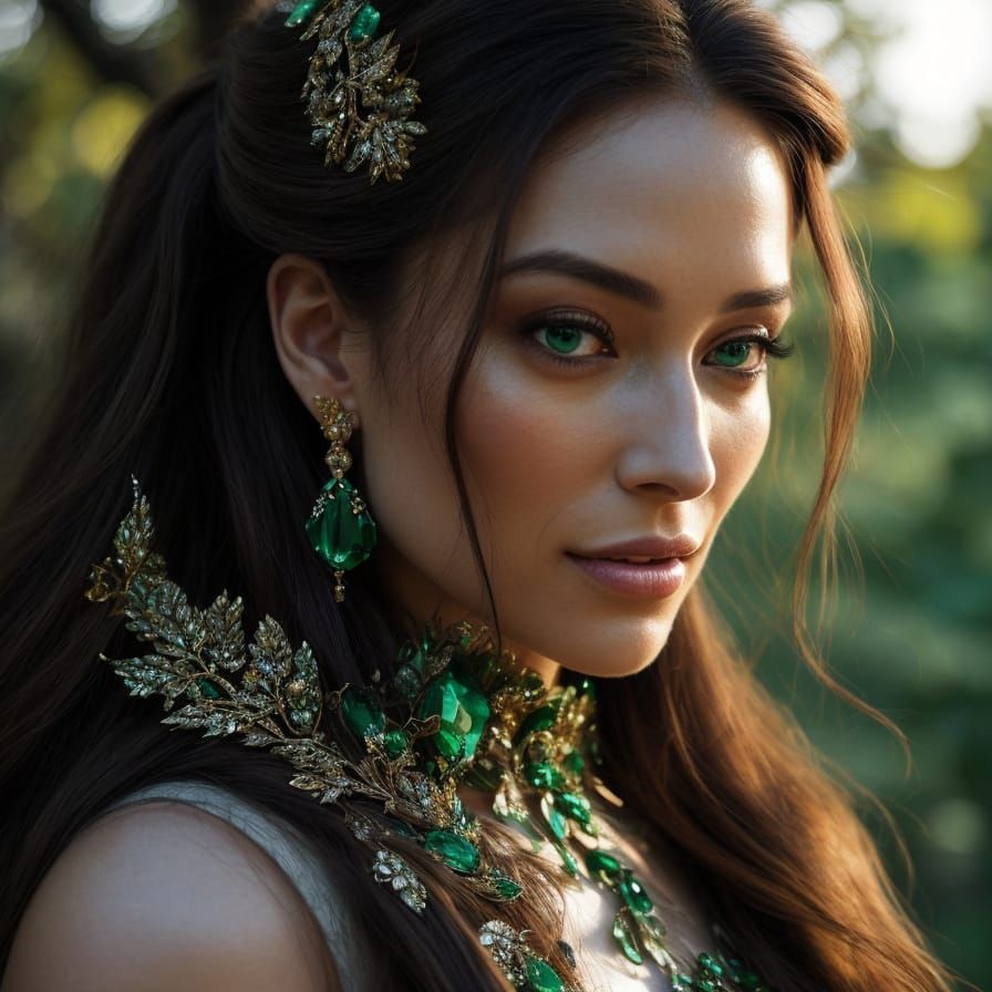 A breathtaking portrait of a radiant woman with flowing chestnut hair, piercing emerald eyes, or golden-hour glow on her...