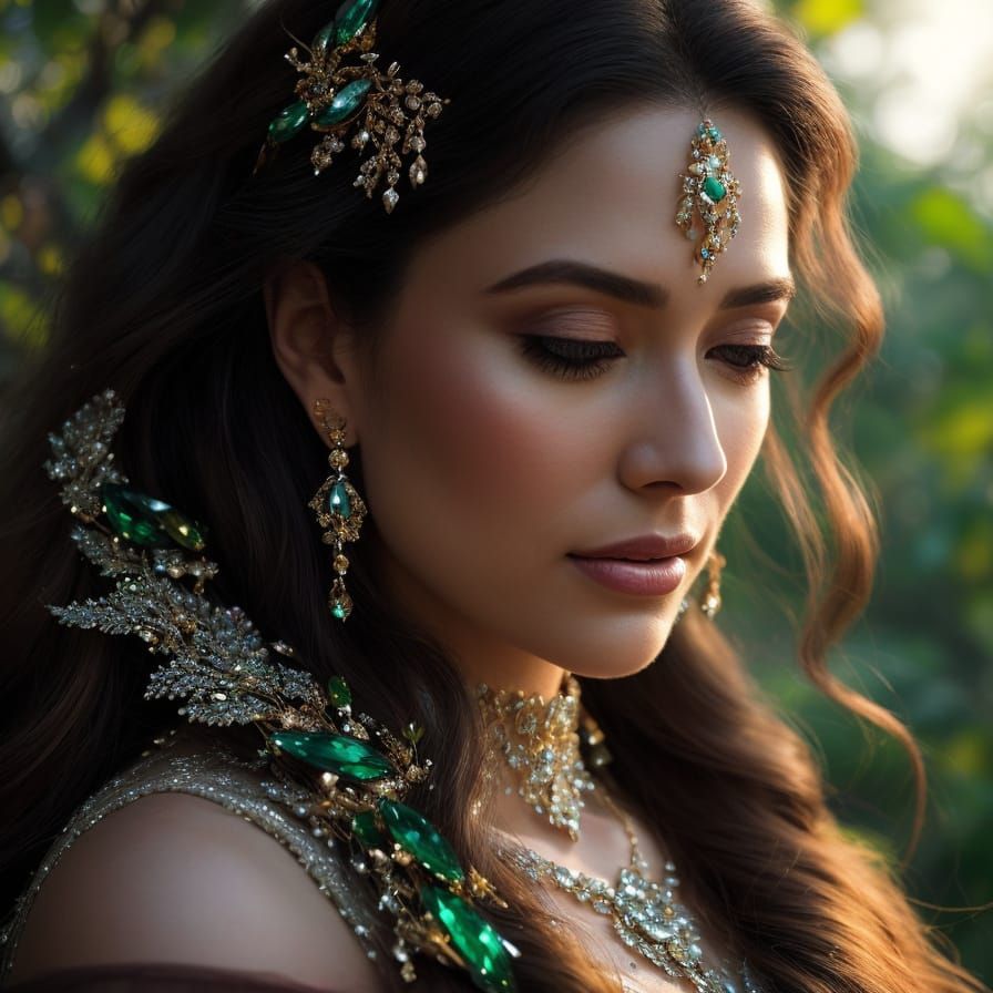 A breathtaking portrait of a radiant woman with flowing chestnut hair, piercing emerald eyes, or golden-hour glow on her...