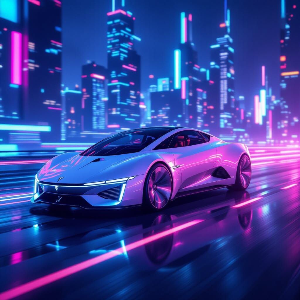 Futuristic AirVan Glides Through Neon City in Hyperrealistic...