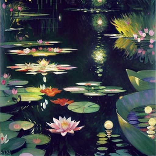 Moonlit Lily Pond with Vibrant Reflections