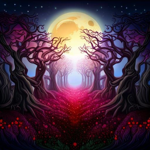 Surreal Dark Fantasy Forest with Haunted Trees