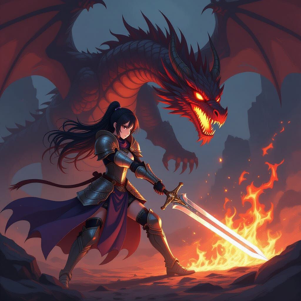 Anime Knight Slaying Dragon in Dark Fantasy Realm