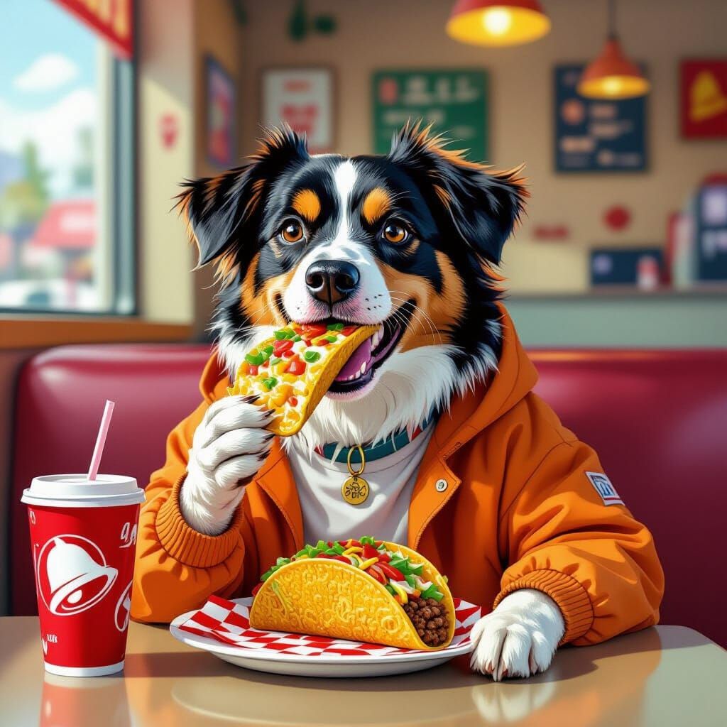 Dog in Casual Clothes Enjoying Taco Bell