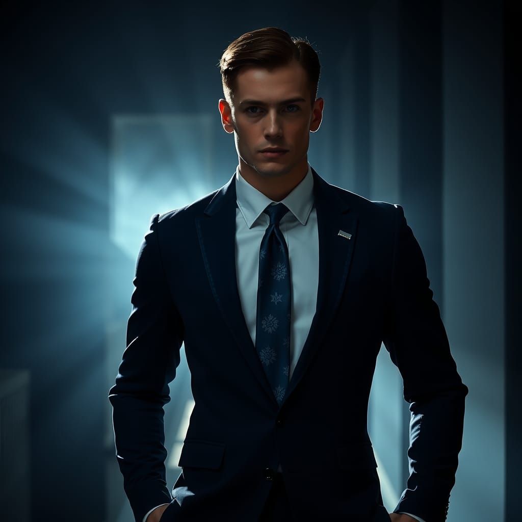 Toned Man in Navy Suit, Noir Style