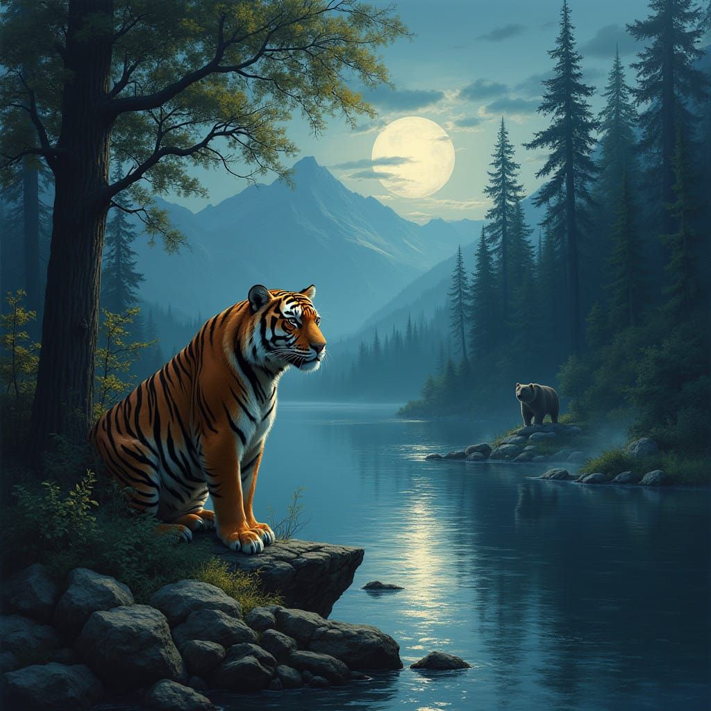 Majestic Tiger and Gentle Bear Unite in Primeval Forest