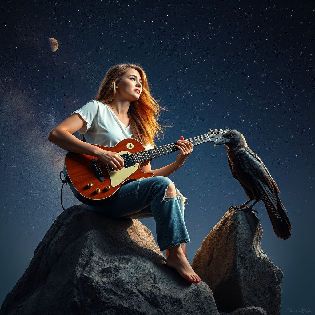 Girl Playing Guitar in a Hyperrealistic Fantasy Landscape