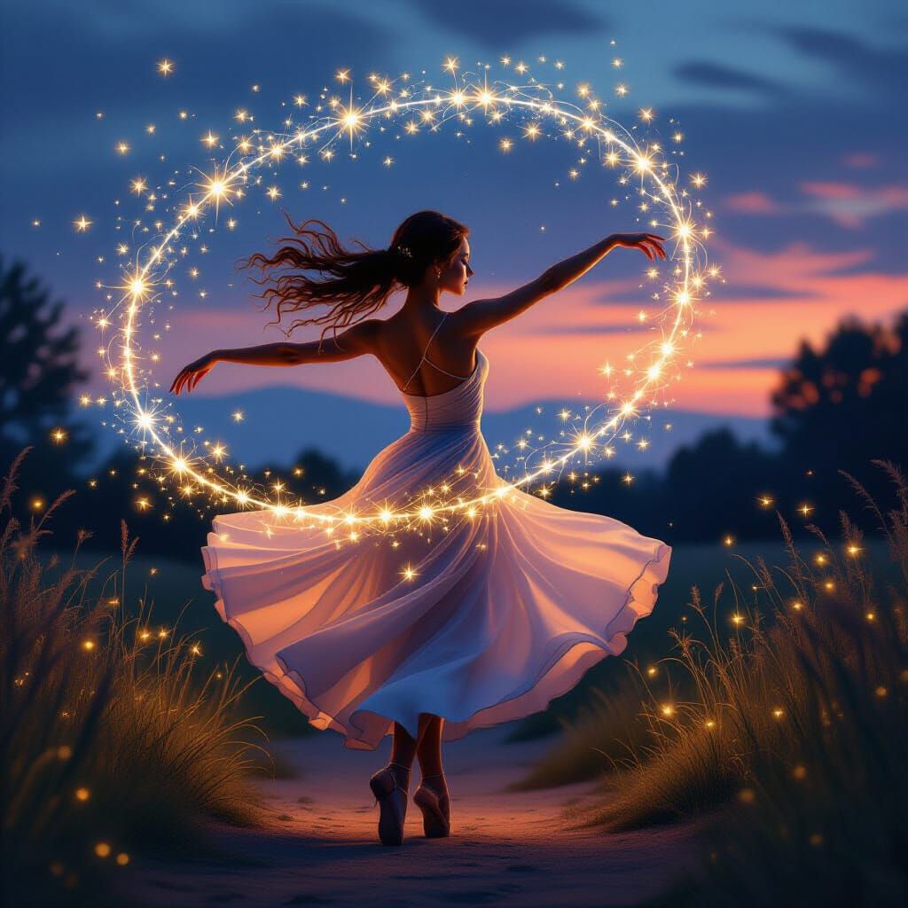 Dancer Twirling in Twilight with Luminous Firefly Trails