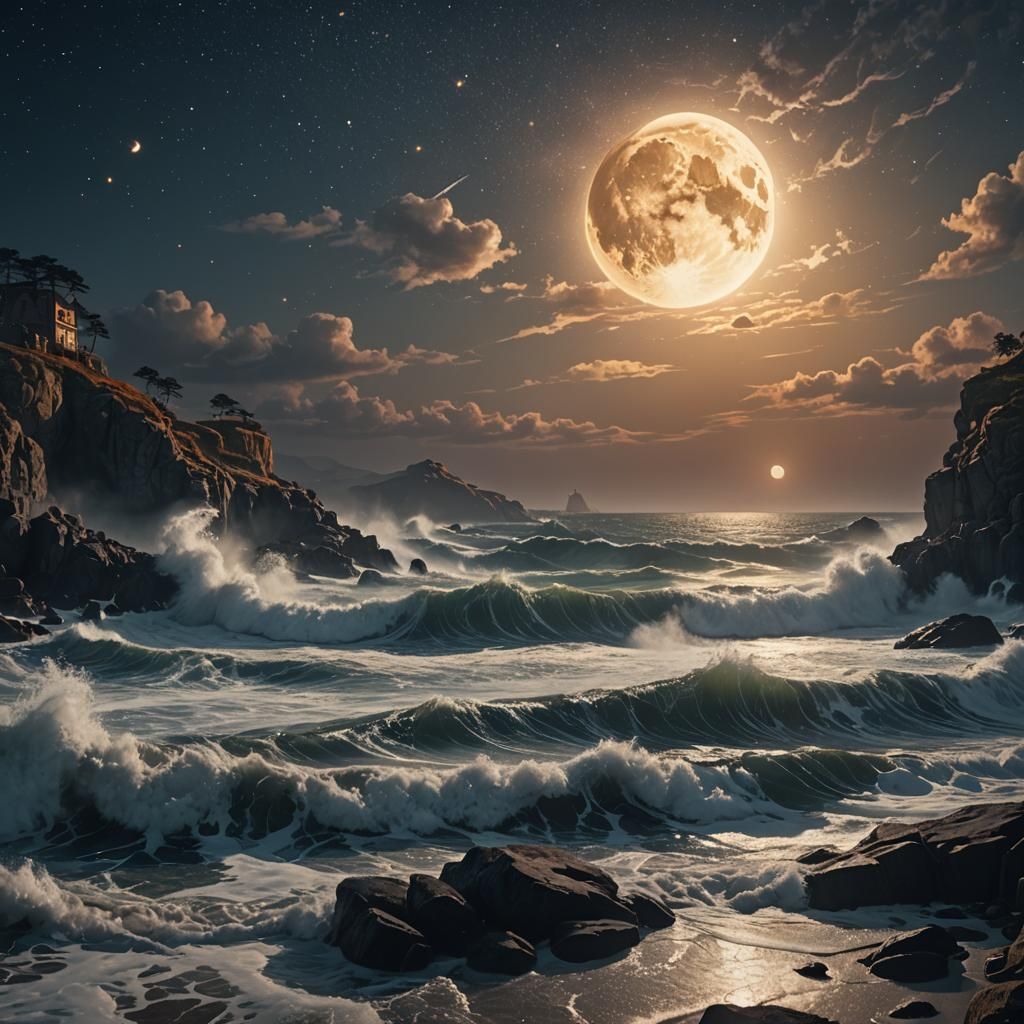 Moonlit Waves Crashing on Rocky Shore, Turner-Inspired