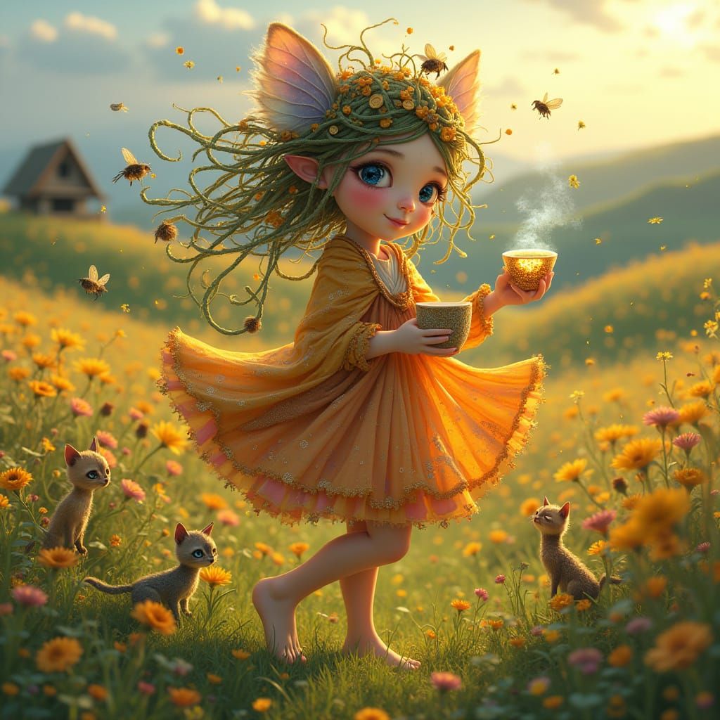 Garden Spirit Dancing in Wildflower Meadow, Digital Art