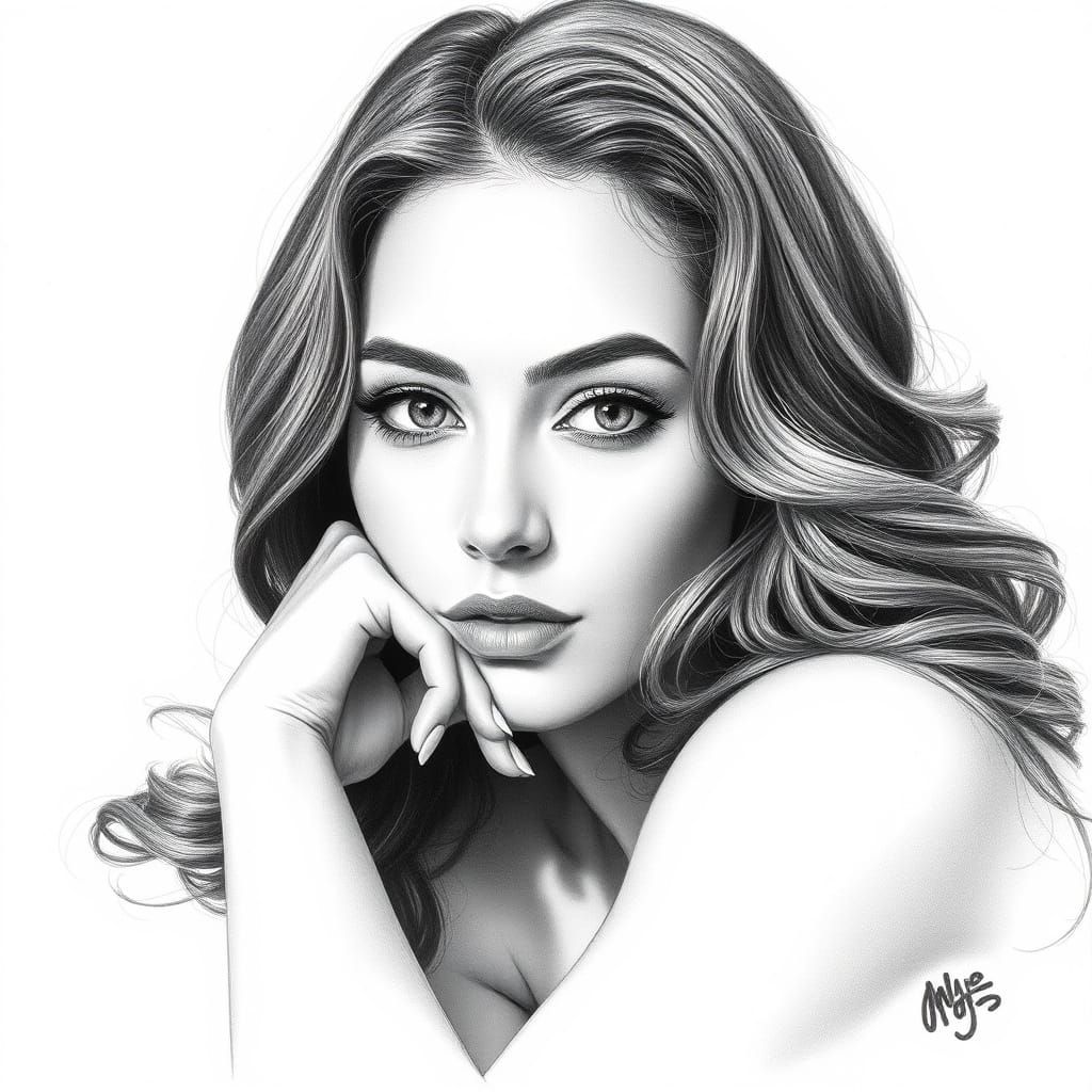 Serene Beauty in Photorealistic Black and White Pencil