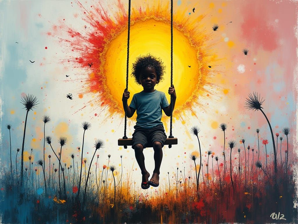 Vibrant Street Art Scene with Boy Swinging from Dandelion