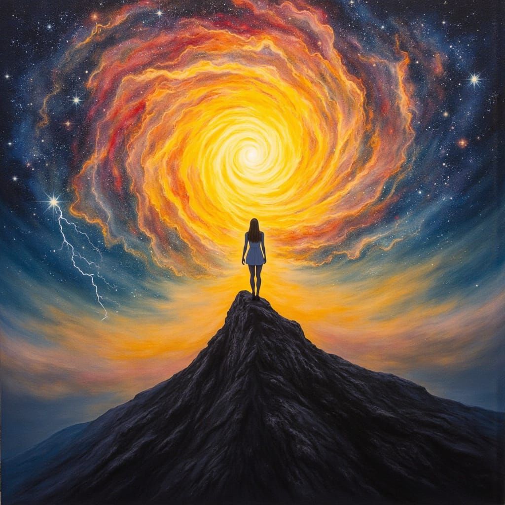 Ethereal Light Show: Woman and Nebula in Oil Sketch