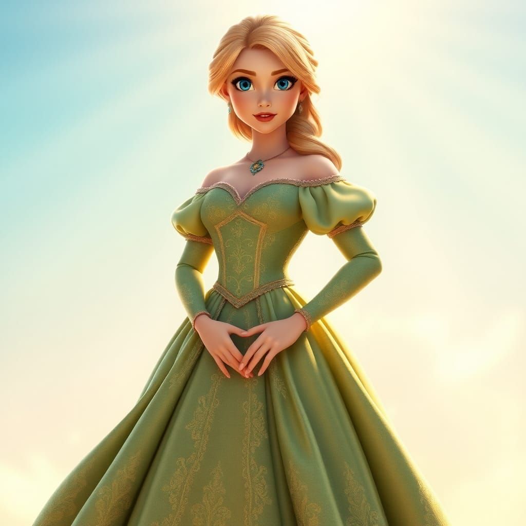 Disney Princess in Sage Gown: 3D Digital Art