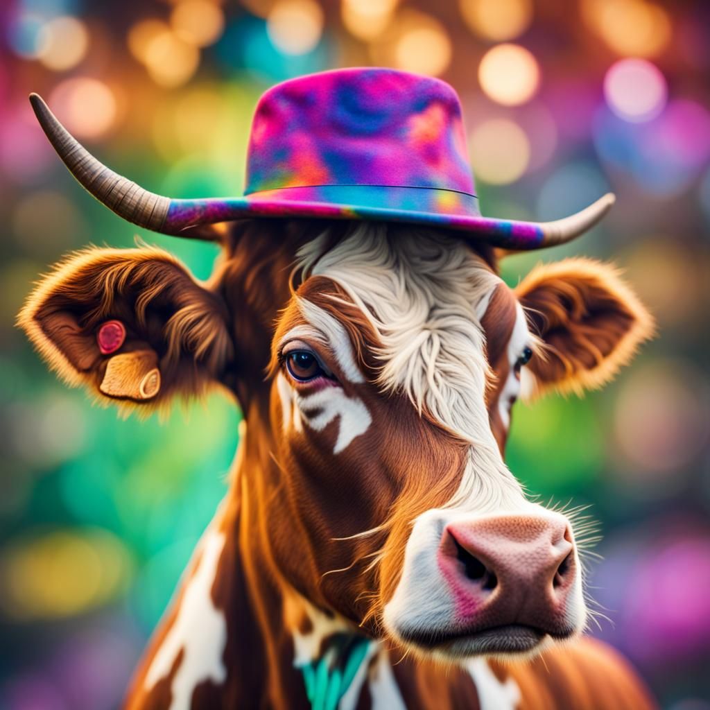 Psychedelic Cow in Silly Hat: Modern Art Photography