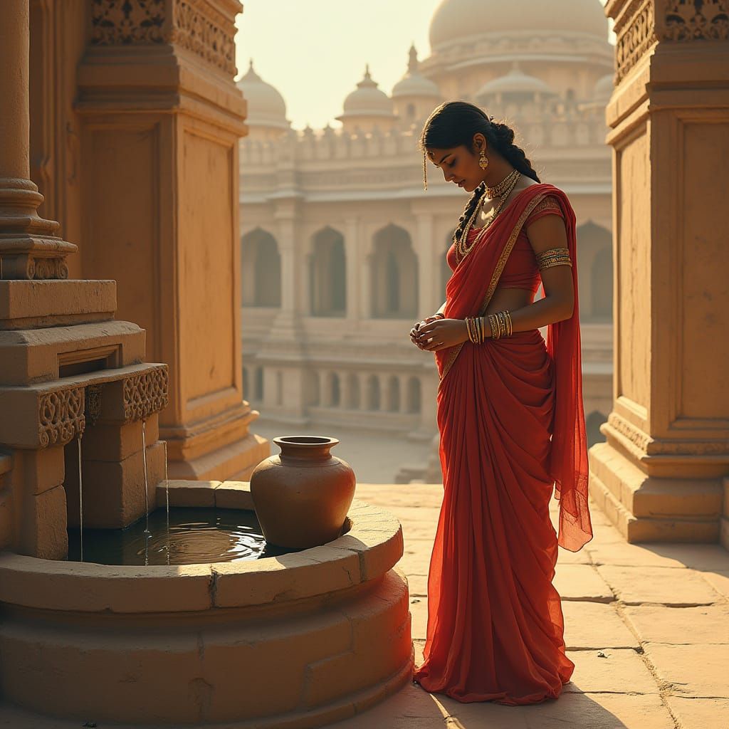 Traditional Indian Lady by Ancient Temple Stepwell