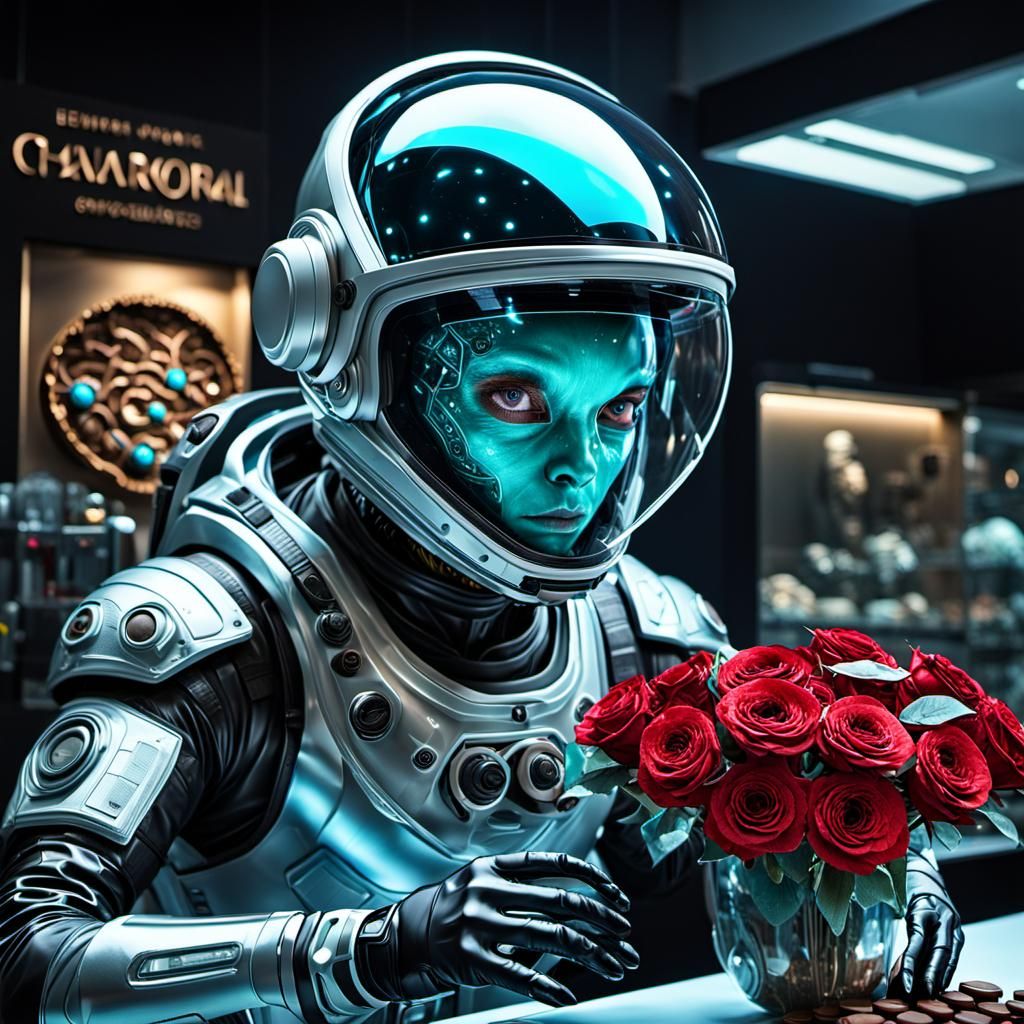 Aqua-Eyed Alien Scans Earth Gifts in Spacesuit