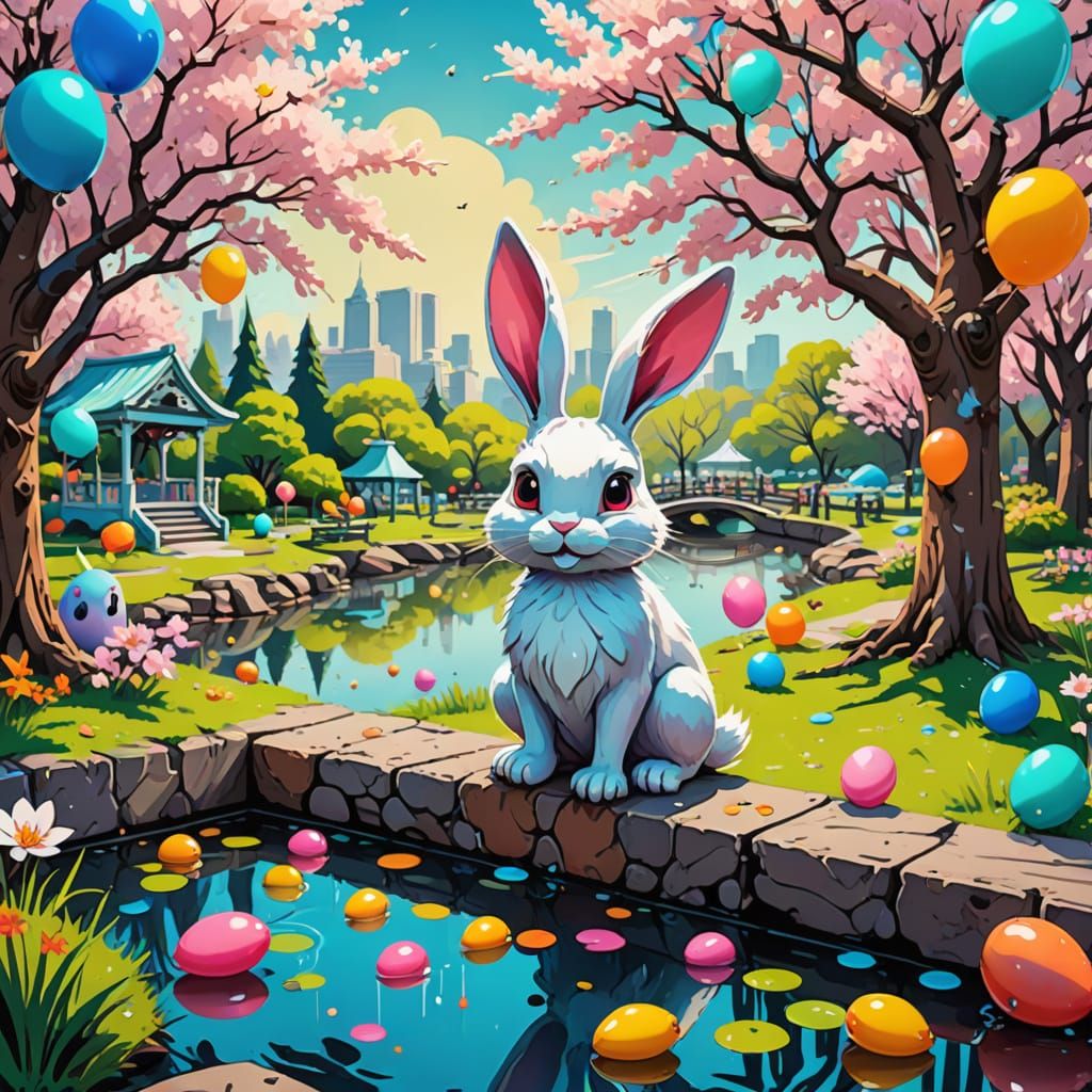 Whimsical Springtime Park Scene with Cute Bunny in Street Ar...