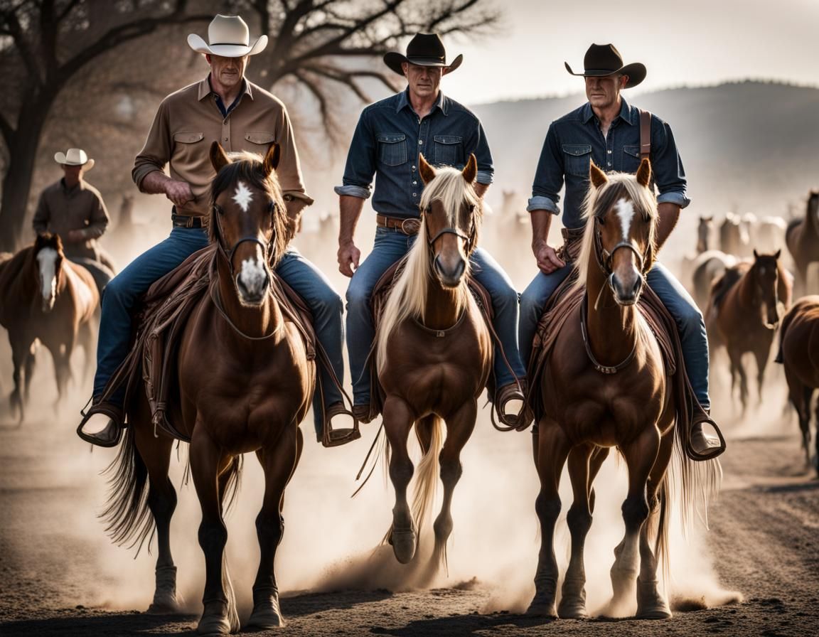 men in tight jeans, cowboy boots and cowboy hats, walking horses