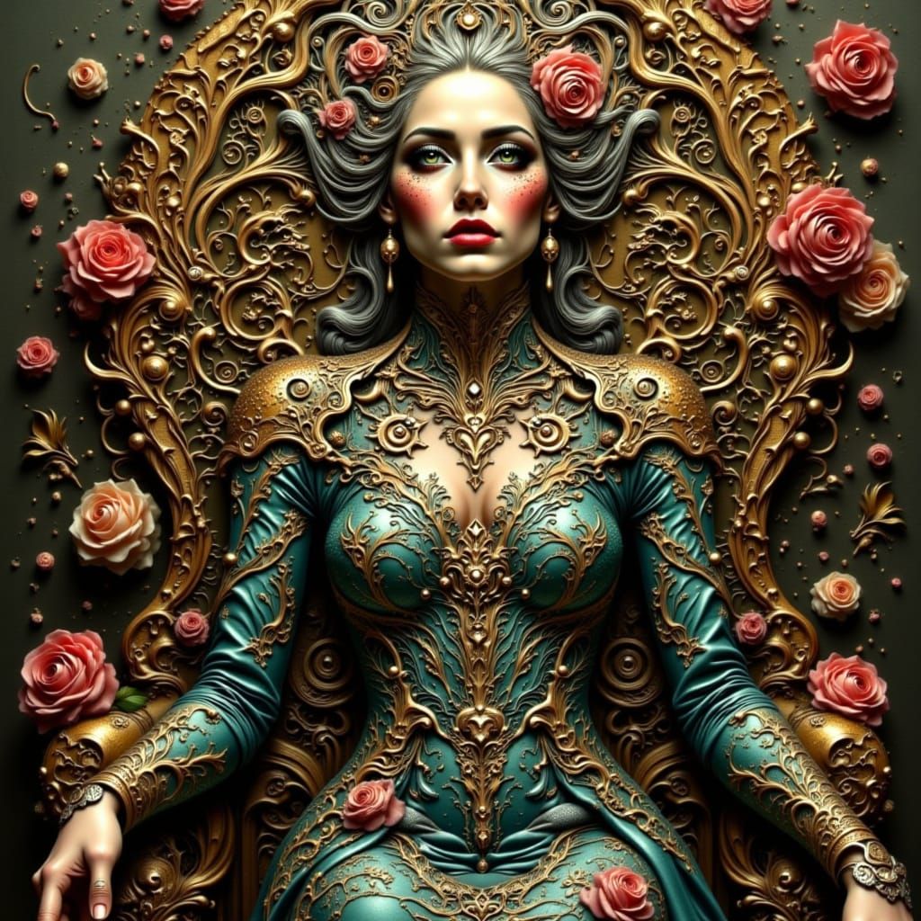 Regal Queen on Clockwork Throne in Baroque Style