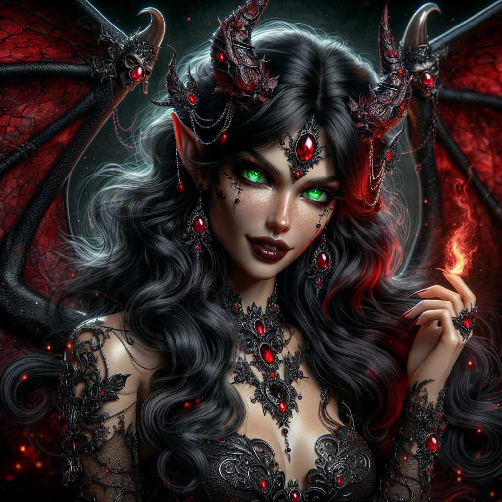 Alluring Crimson Demon with Obsidian and Ruby Adornments