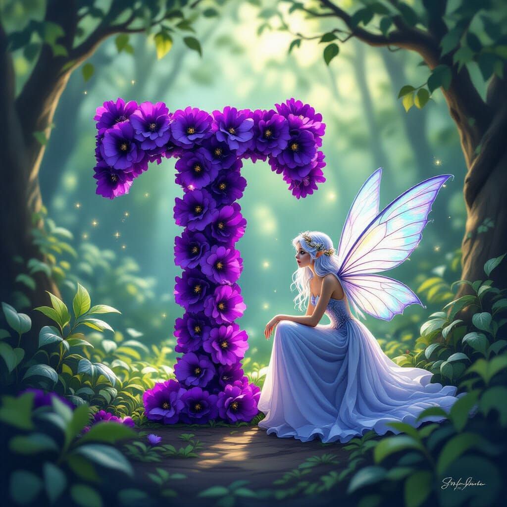 Purple Carnation 'T' with Ethereal Fairy in Enchanted Forest