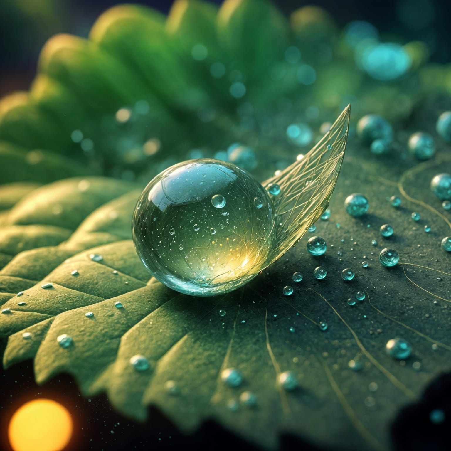 Surreal Dewdrop on Leaf Macro Photo
