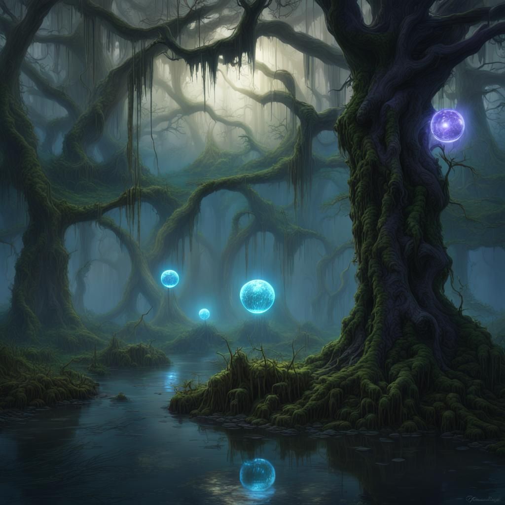 Eerie Deep Green Swamp with Floating Orb