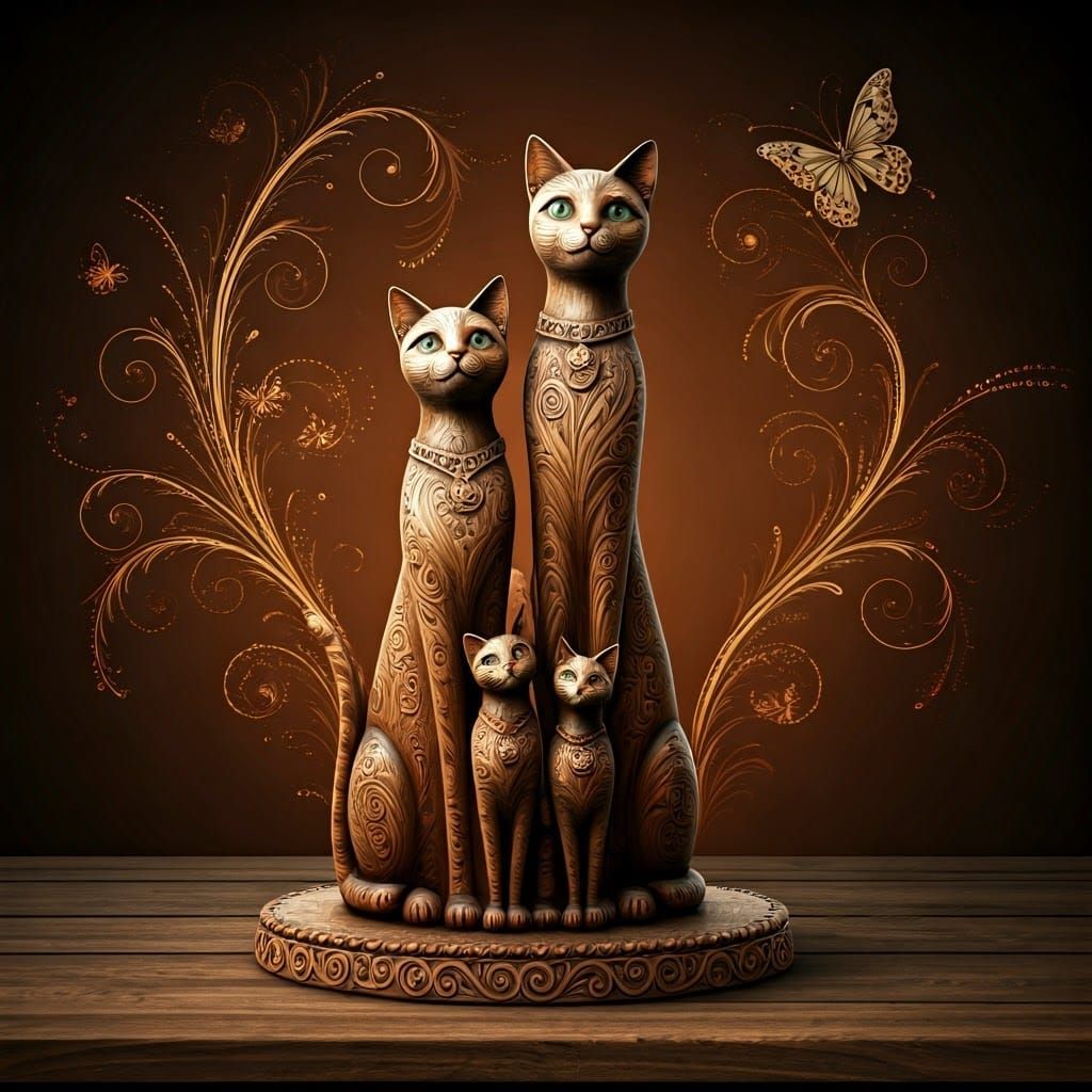Woodcarved Whimsical Cat Family Statue