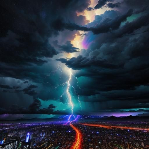 Lightning Storm Landscape: Vibrant Acrylic Action Painting