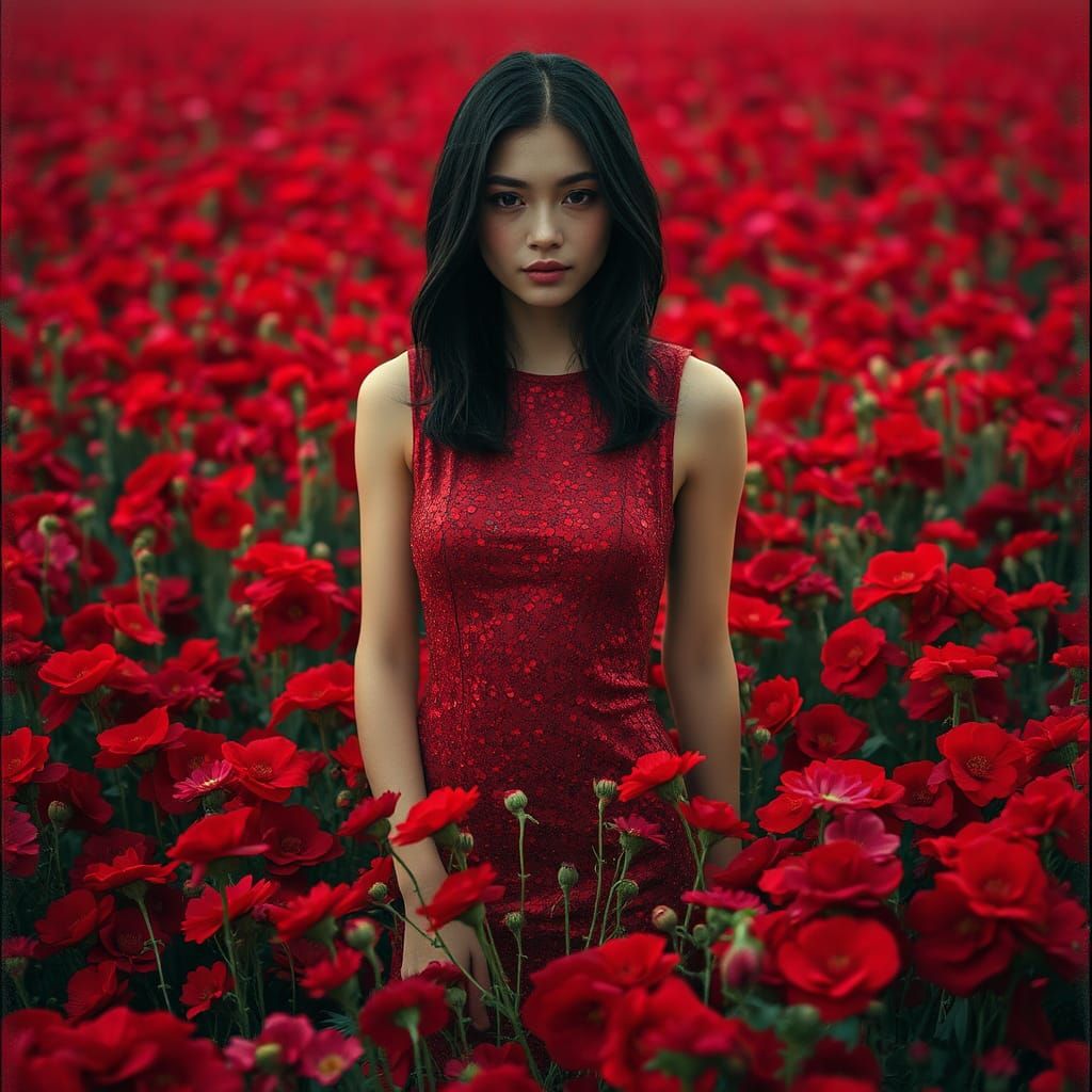 Woman in Red Dress in Endless Flower Field